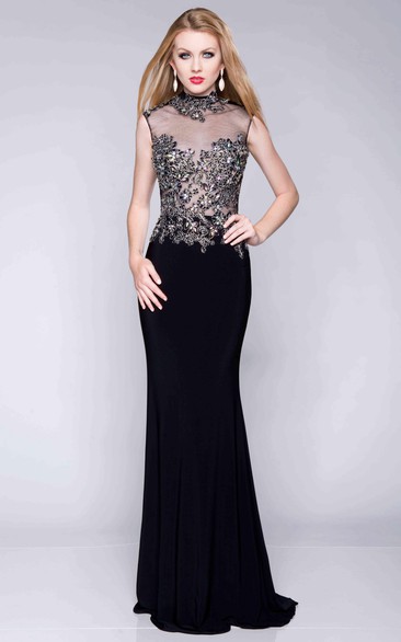 Column High Neck Sleeveless Jersey Prom Dress With Metallic Bodice