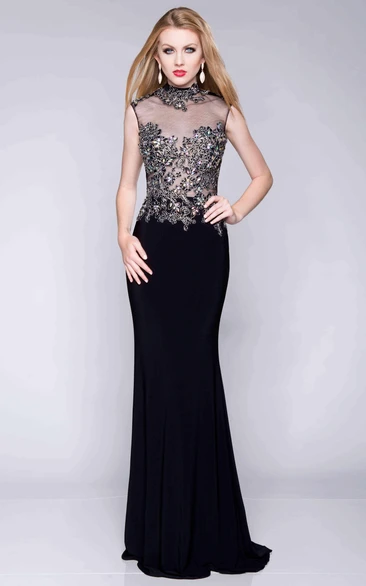 Column High Neck Sleeveless Jersey Prom Dress With Metallic Bodice
