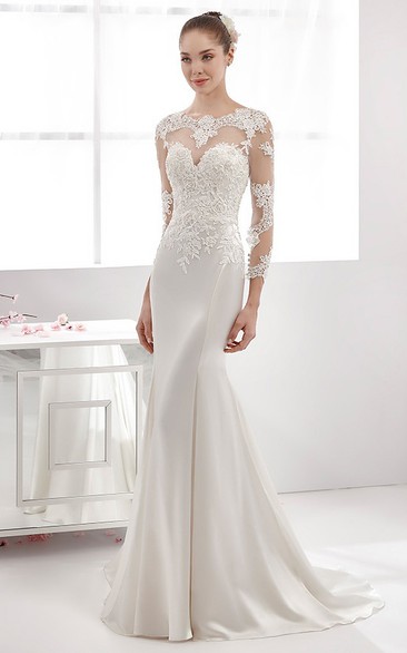 Long-Sleeve Sheath Satin Elegant Wedding Dress With Lace Appliques Bodice And Scalloped Neckline