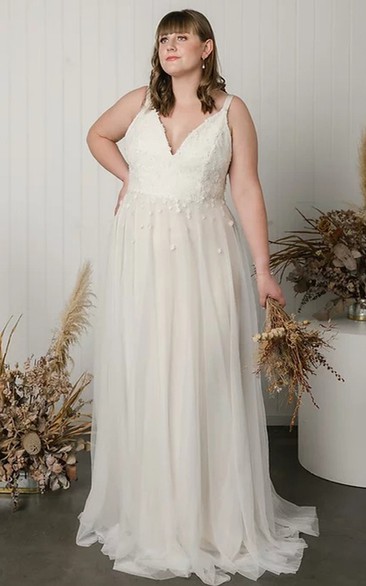 Plus Size Casual Lace A Line V-neck Wedding Dress with Train