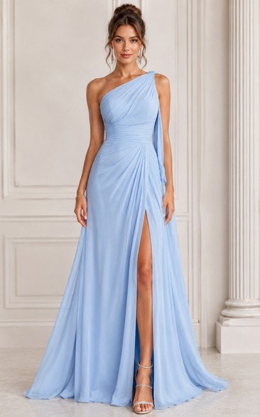 A-Line One-Shoulder Chiffon Bridesmaid Dress with Slit