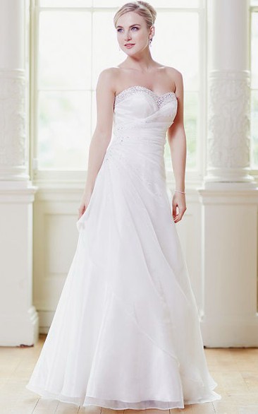 A-Line Draped Sweetheart Long Satin & Tulle Wedding Dress Styles With Beading And Corset Back