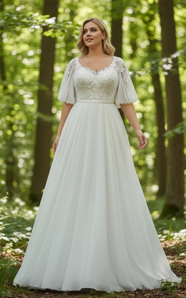 Plus Size Short Puff Sleeve Lace Chiffon Boho Wedding Dress