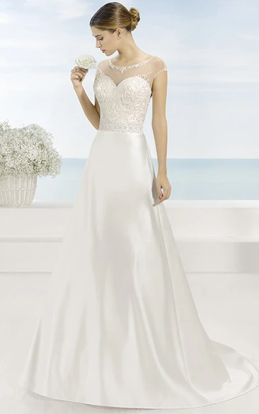 A-Line Maxi Short-Sleeve Scoop-Neck Satin Wedding Dress With Embroidery And Illusion