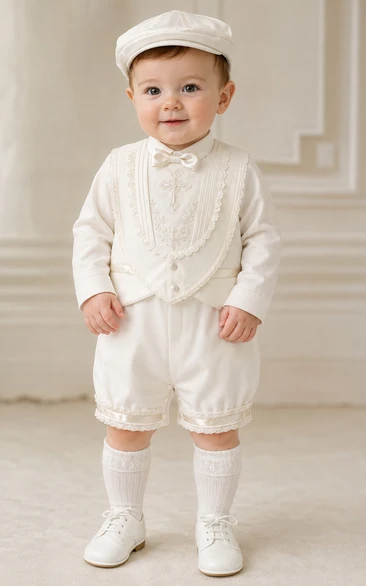 Baby Boy Christening Romper Suit Long Sleeve Satin Baptism Outfit in Cream