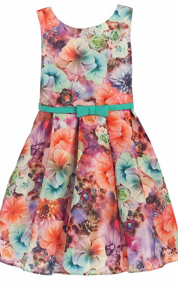 Knee-Length Floral Pleated Tiered Flower Girl Dress