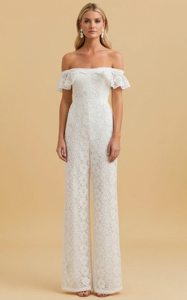 Off-Shoulder Lace Wide Leg Wedding Jumpsuit