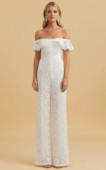 Off-Shoulder Lace Wide Leg Wedding Jumpsuit
