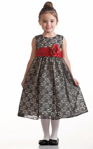 Tea-Length Floral Lace Flower Girl Dress