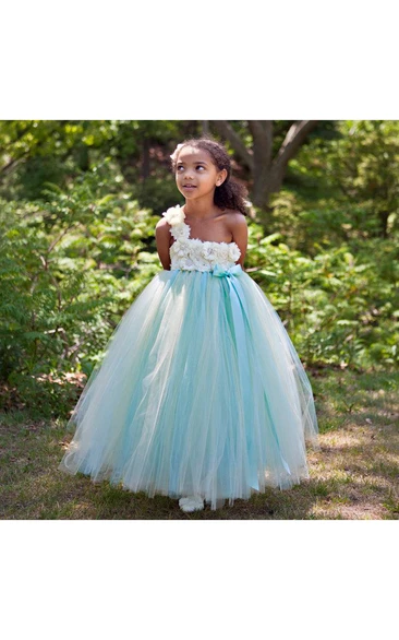 Floral One-shoulder Empire Tulle Ball Gown With Sash
