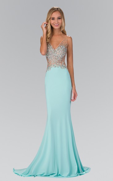 Sheath V-Neck Sleeveless Jersey Deep-V Back Dress With Beading
