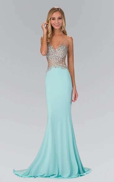 Sheath V-Neck Sleeveless Jersey Deep-V Back Dress With Beading