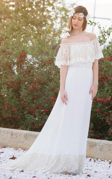 Boho Off-The-Shoulder Lace Chiffon Simple Wedding Dress With Sweep Train