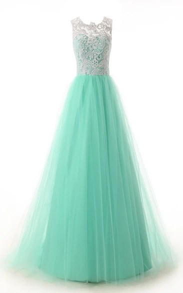 Jewel Pleated Tulle A-line Gown With Lace Appliques