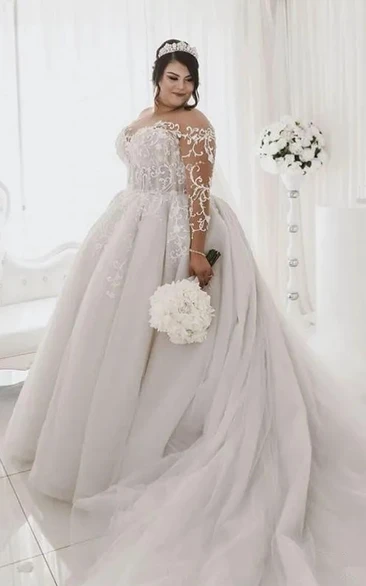 Plus-Size Illusion Neckline Lace Ball Gown Wedding Dress