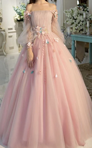 Off-the-shoulder Tulle Fairy Puff-long-sleeve Ball Gown Blush Prom Dress