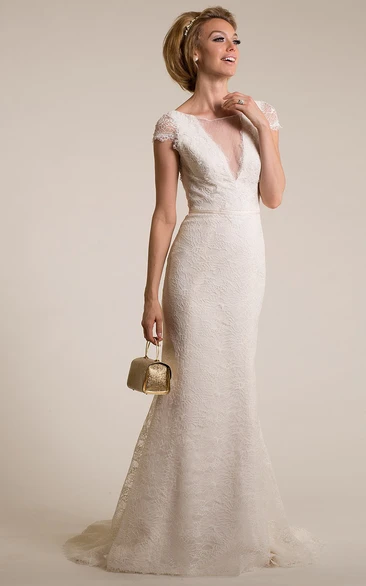 Sheath Scoop-Neck Cap-Sleeve Lace Wedding Dress With Illusion