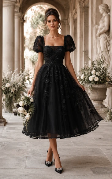 Black Puff Sleeve Lace Tea-length Wedding Dress