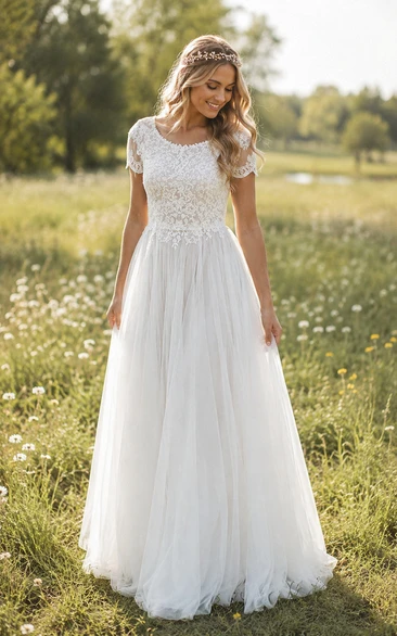 Ivory Lace Cap Sleeve Tulle A-Line Wedding Dress