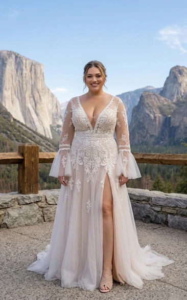 Plus Size Long Sleeve Lace Wedding Dress with Deep V-Neck and Split Front