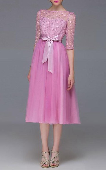 Half Sleeve Bowknot Appliques A-Line Prom Dress