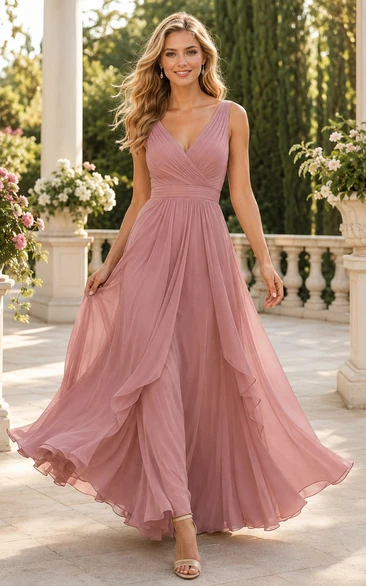 Vestido de dama de honor de gasa color rosa empolvado con escote en V, corte asimétrico y corpiño plisado para boda en el jardín.