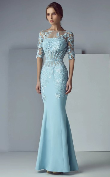 Sky Blue Sheath Formal Half-sleeve Illusion Applique Evening Dress