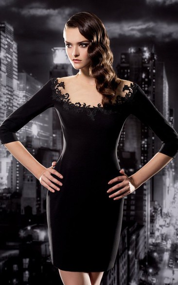 Pencil Short Jewel-Neck Long Sleeve Jersey Illusion Dress With Appliques