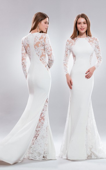 Trumpet Jewel-Neck Illusion Long Sleeve Jersey Dress With Appliques