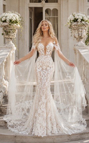 Off-the-Shoulder Lace Mermaid Wedding Dress with Detachable Tulle Cape