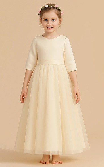 Scoop-neck Ivory Half-sleeve A-line Flowergirl Dress