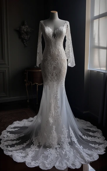 Lace Mermaid Sheath Long Sleeve Illusion Lace Applique Wedding Gown