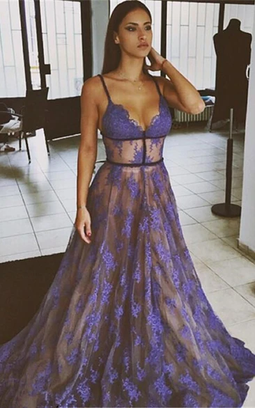 Sexy Lace Appliques Spaghetti Strap Prom Dress Sweep Train