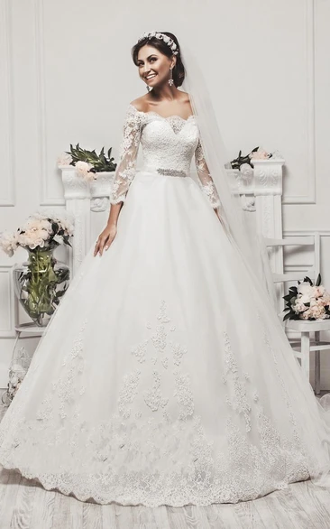 Delicate Tulle Lace Appliques Wedding Dress 3-4-Length Sleeve Beadings