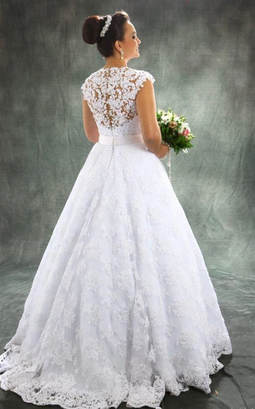 Vintage A Line Detachable Train Sheer Neck Bridal Elegance Gown