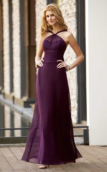 High-Neck Long Bridesmaid Dress With Illusion Style And Pleats