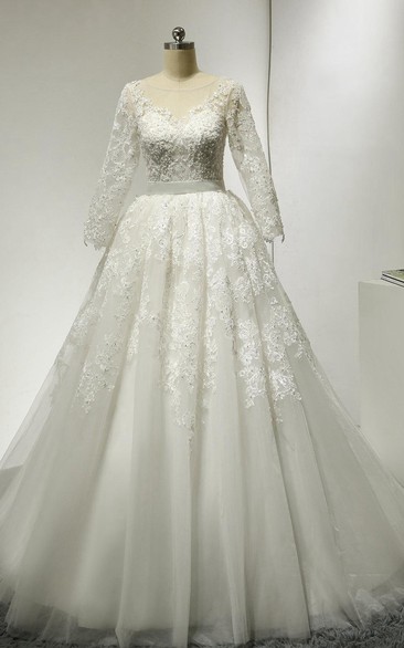 Lace and Tulle 3-4 Sleeve Bateau Neck Dress With Low-V Back