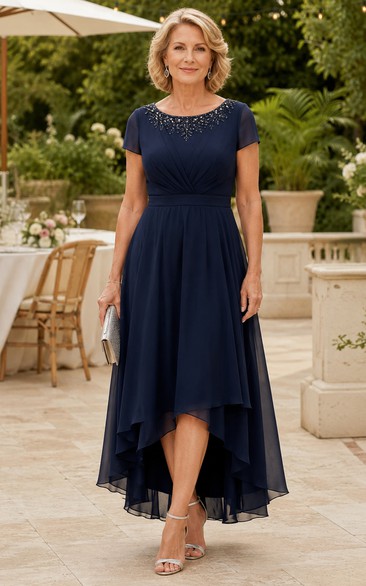 Dark Navy High-Low Chiffon Short Sleeve Beaded Mother Dress