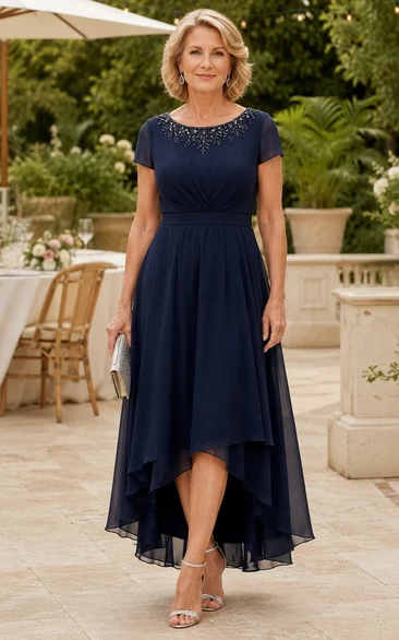 Dark Navy High-Low Chiffon Short Sleeve Beaded Mother Dress