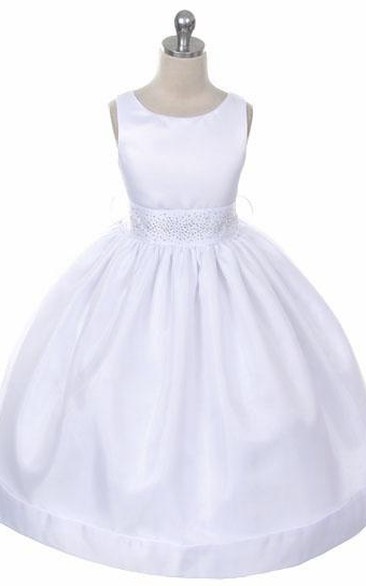 Tea-Length Beaded Sleeveless Organza&Satin Flower Girl Dress