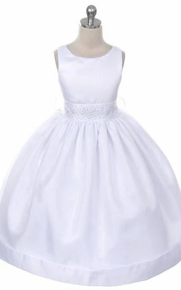 Tea-Length Beaded Sleeveless Organza&Satin Flower Girl Dress