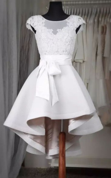 Square A-line High-low Short Sleeve Satin Wedding Dress with Zipper Back