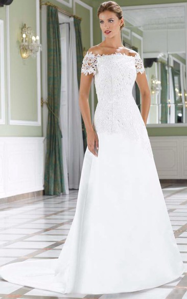 A-Line Floor-Length Lace Off-The-Shoulder Satin Wedding Dress