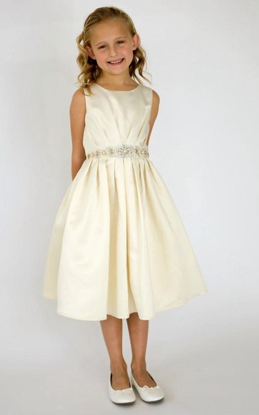 Tea-Length Pleated Sequins&Satin Flower Girl Dress With Tiers
