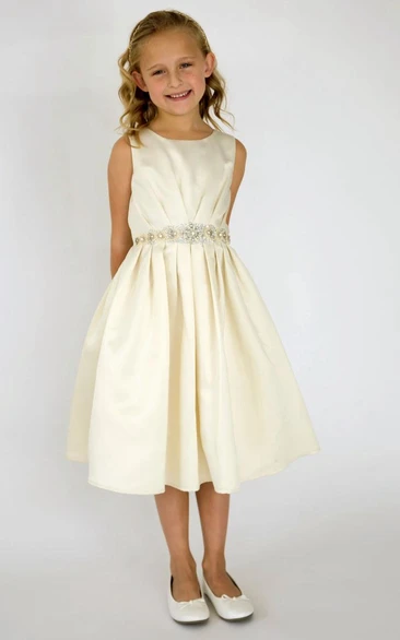 Tea-Length Pleated Sequins&Satin Flower Girl Dress With Tiers