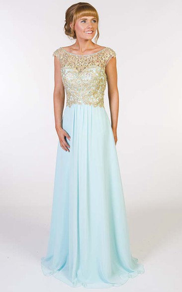 A-Line Beaded Scoop-Neck Cap-Sleeve Floor-Length Chiffon Prom Dress With Pleats