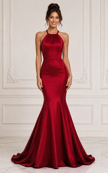 Red Halter Neck Satin Mermaid Prom Dress