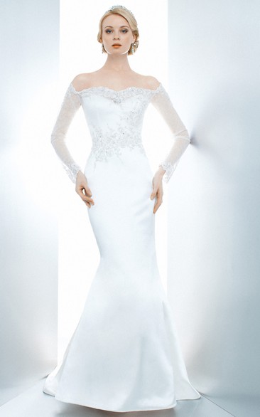 Mermaid Appliqued Off-The-Shoulder Illusion Sleeve Satin Wedding Dress