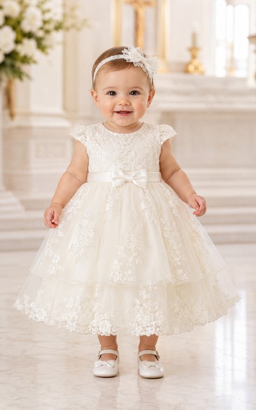 Baby Christening Gown Modest A-Line Cap Sleeve Tulle Lace Tea-Length with Bow Sash in Ivory