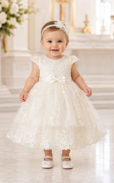 Baby Christening Gown Modest A-Line Cap Sleeve Tulle Lace Tea-Length with Bow Sash in Ivory